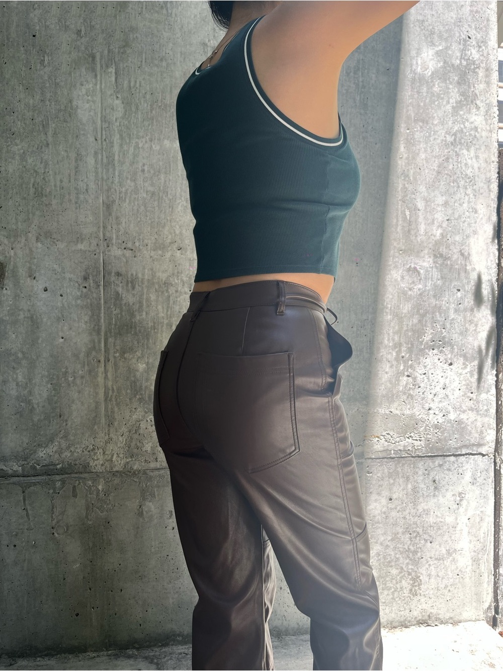 Brown vegan leather pants for petite girls